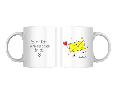 Zwei gegenüberliegende Seiten der Tasse – links mit Danksagungstext, rechts mit Briefmotiv und Personalisierung.